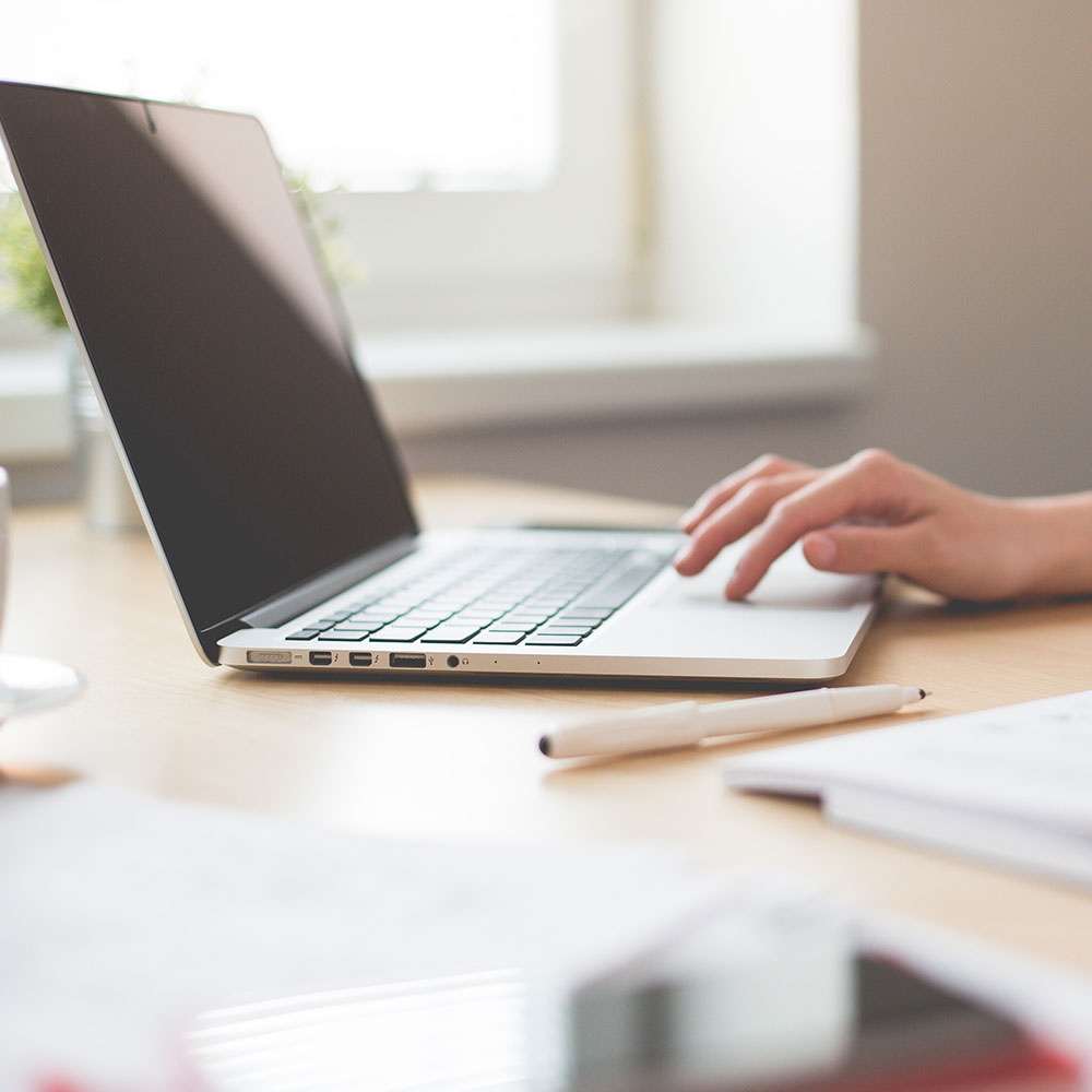 person using laptop on desk with pen