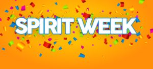 spirit week graphic with confetti on orange background