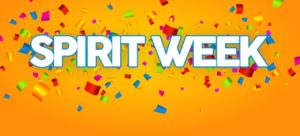 spirit week graphic with confetti on orange background