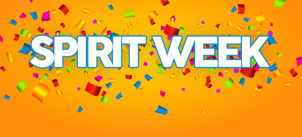 spirit week graphic with confetti on orange background