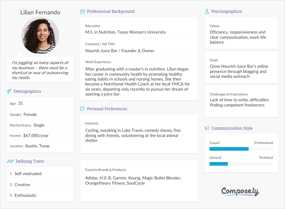 example of a customer profile with demographics, defining traits, professional background, personal preferences, psychographics, communication style