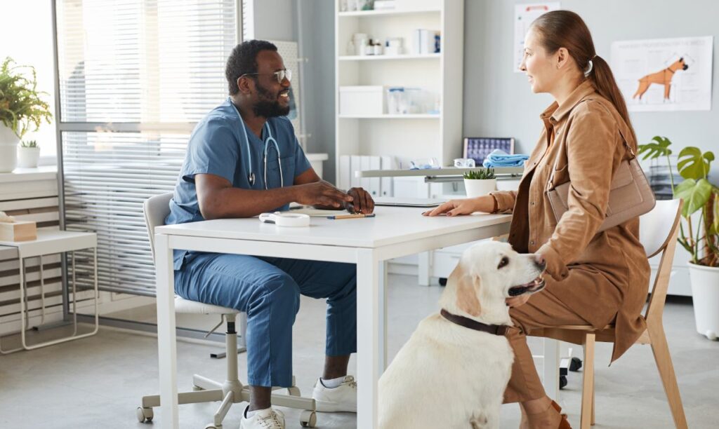 veterinarian speaking to a woman about her yellow lab